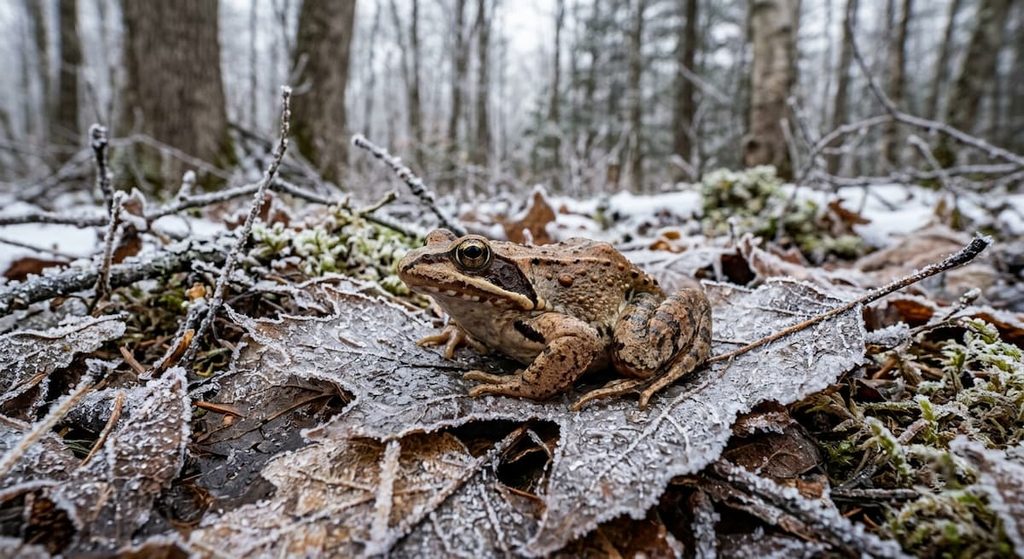 Wood frog resting on frost-covered leaves in a winter forest